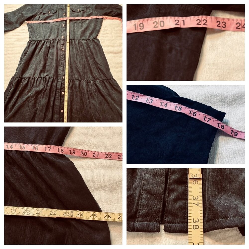 XL Black Midi Button-Up Dress Rolled Sleeves Pockets Millennium Casual Boho - Picture 12 of 16
